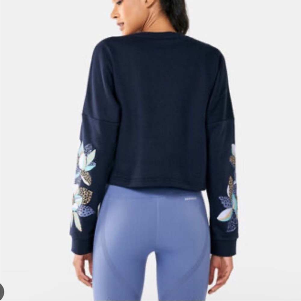 Adidas X Farm Rio Cropped Floral Fleece Logo Sweatshirt Loose Size medium Navy - Picture 3 of 10